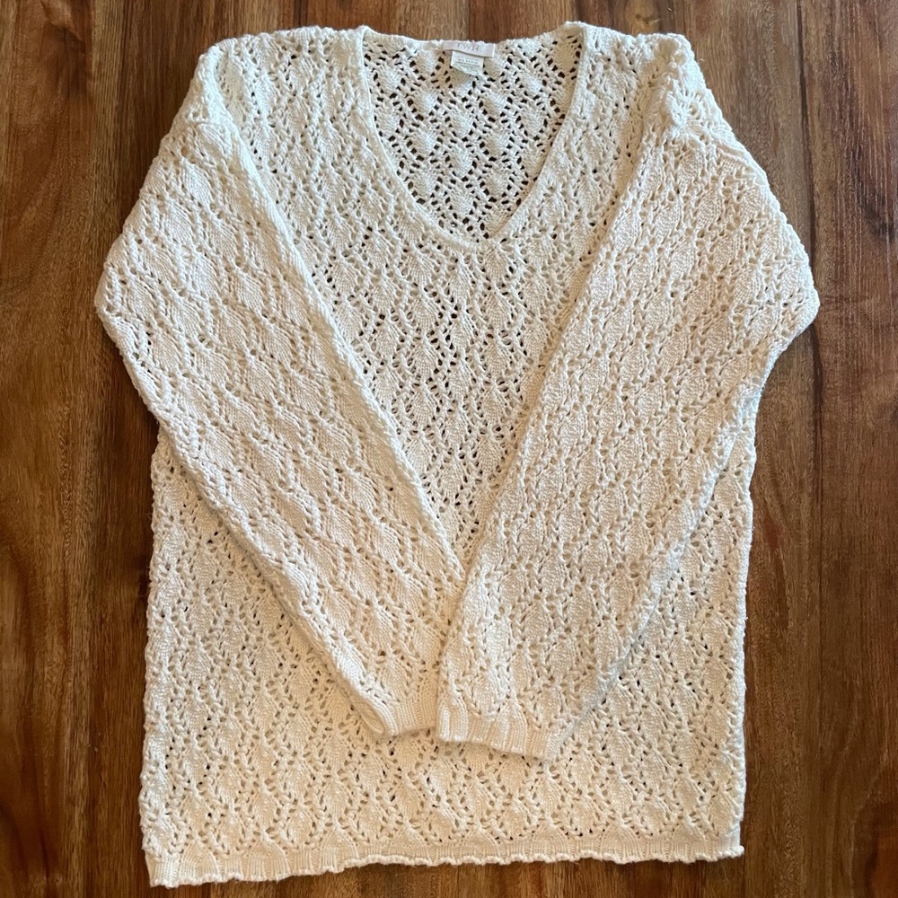 TWH Women’s Ivory Crochet Look Pointelle Knit Sweater, Size S